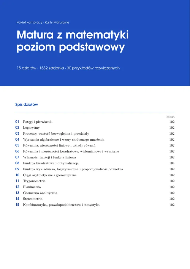 Okładka pakietu: Matura z matematyki, poziom podstawowy, ze spisem 15 działów